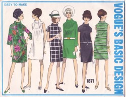 1871 1968 VOGUE STRAIGHT FUNNEL NECK DRESS SLEEVES OR NOT PATTERN  12, 14